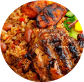 Jollof rice, Chicken (jerk), Beans (or Salad) & fried Plantains