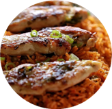 Jollof Rice, Bbq Chicken Breast & Beans (or Salad)