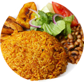 Jollof rice, Red beans (or salad) & Fried plantains
